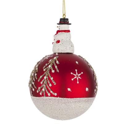 Palla di Natale in Vetro Emmy Rosso con Pupazzo di Neve D 80