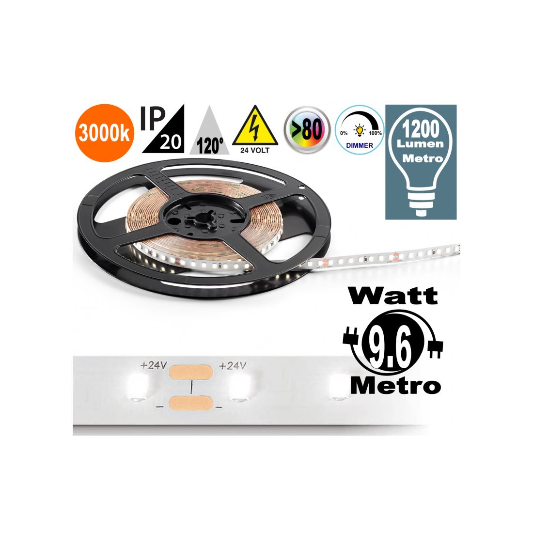 Striscia LED 9.6w 3000k bobina dimmerabile IP20 adesiva flessibile 140 led metro