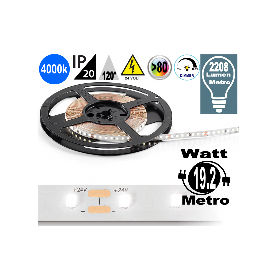 Striscia LED 19.2w 4000k bobina dimmerabile IP20 adesiva flessibile 140 led metro