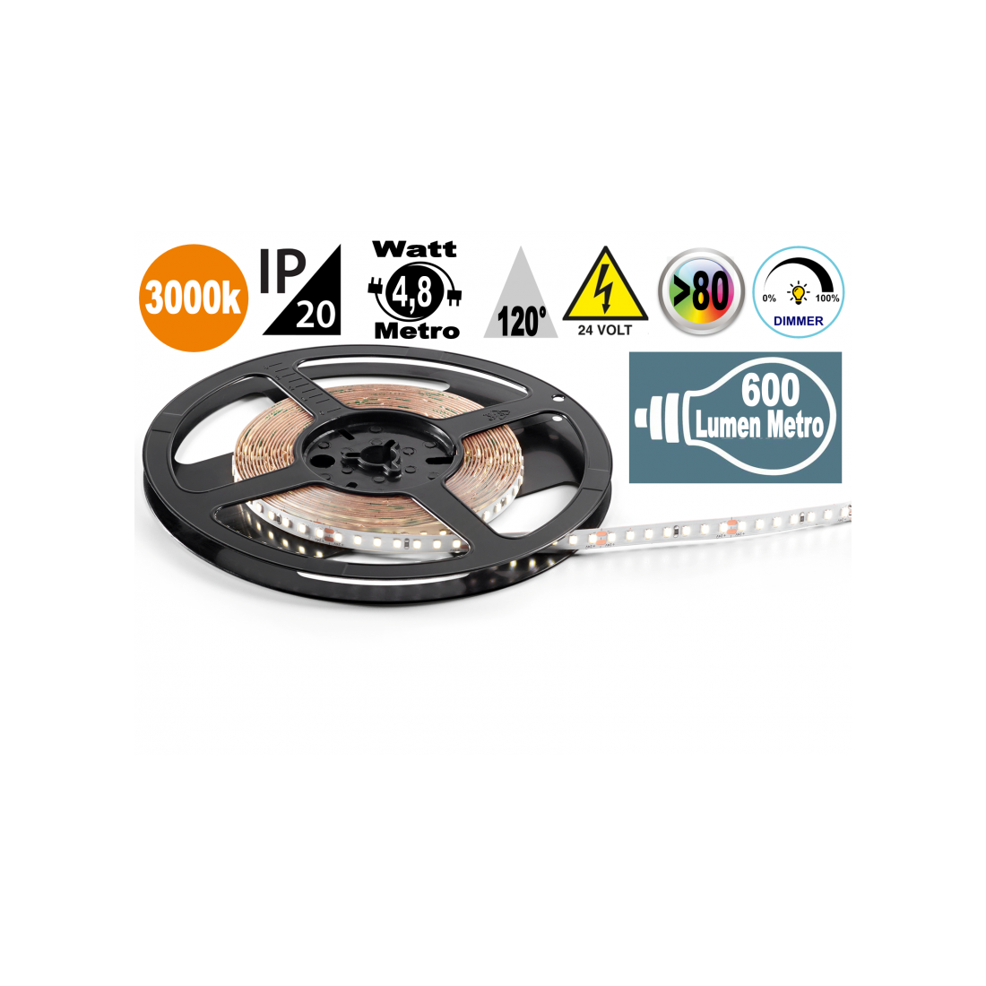 Striscia LED 4,8w 3000k bobina dimmerabile IP20 adesiva flessibile 70 led metro