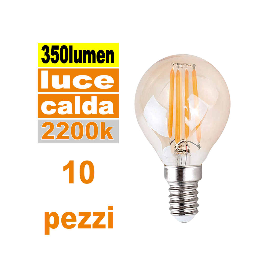 Confezione 10 pezzi Lampadina E14 led 4w sfera vetro vintage ambrata 2200k