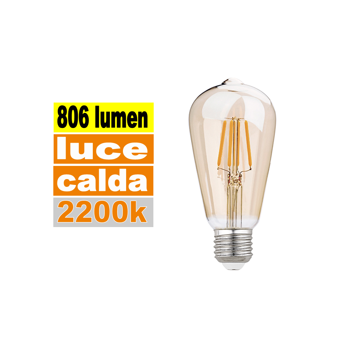 Lampadina E27 led 8 w cono vetro ambra vintage luce calda 2200k