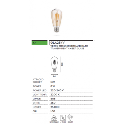 Lampadina E27 led 8 w cono vetro ambra vintage luc