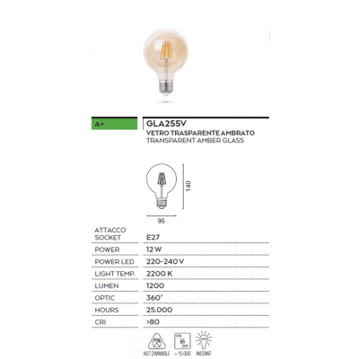Lampadina E27 led 12 w globo vetro ambra vintage l