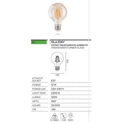 Lampadina E27 led 12 w globo max vetro ambra vinta