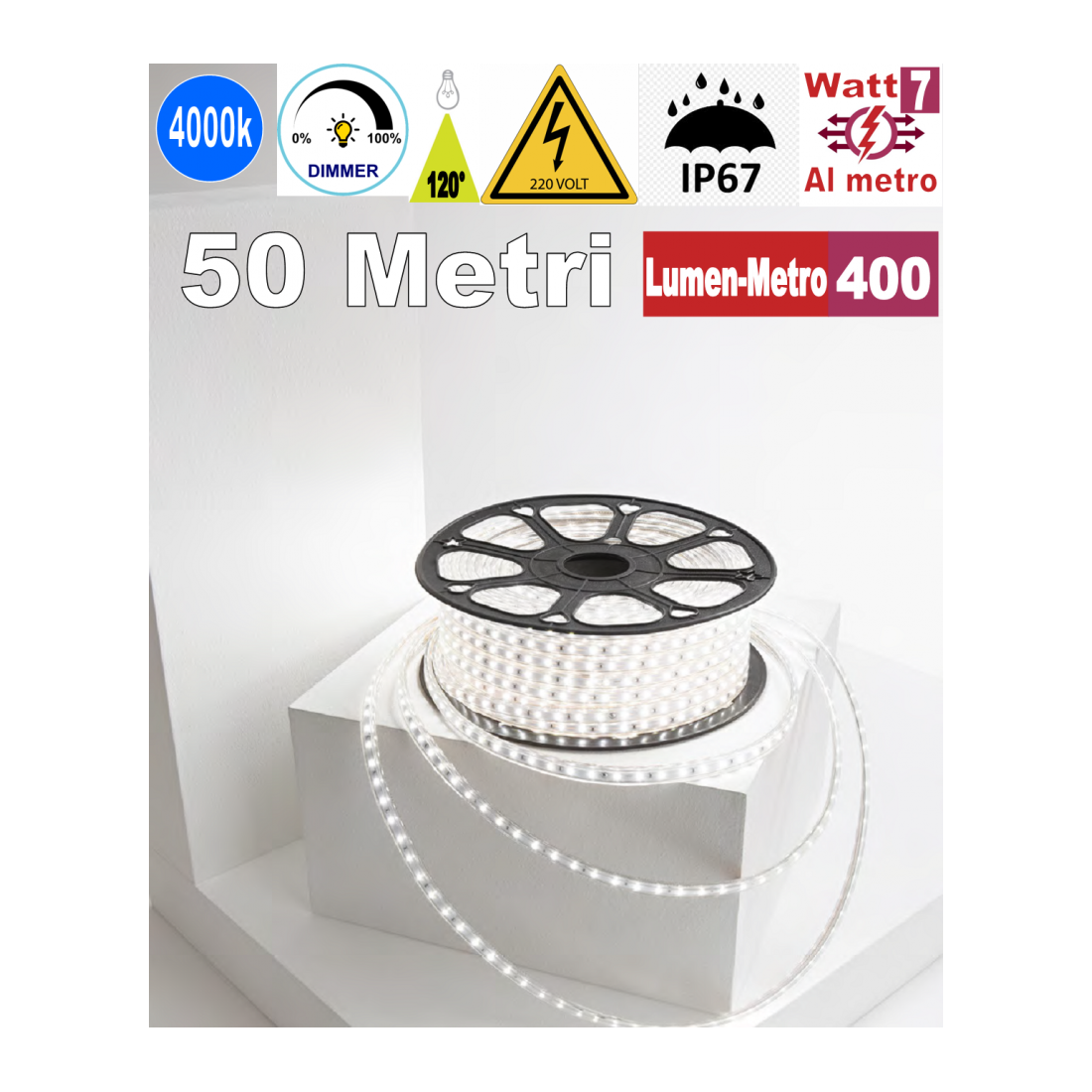 Striscia LED 7w 4000k bobina 50mt dimmerabile IP67 flessibile 60 led metro outdoor