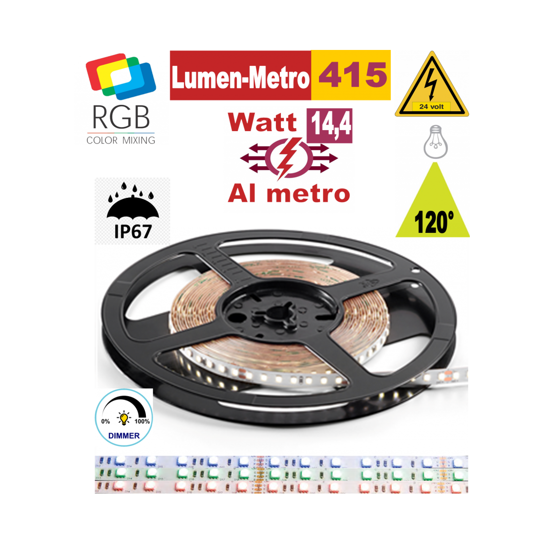 Striscia LED 14,4w RGB bobina 5mt dimmerabile IP67 adesiva flessibile 60 led metro