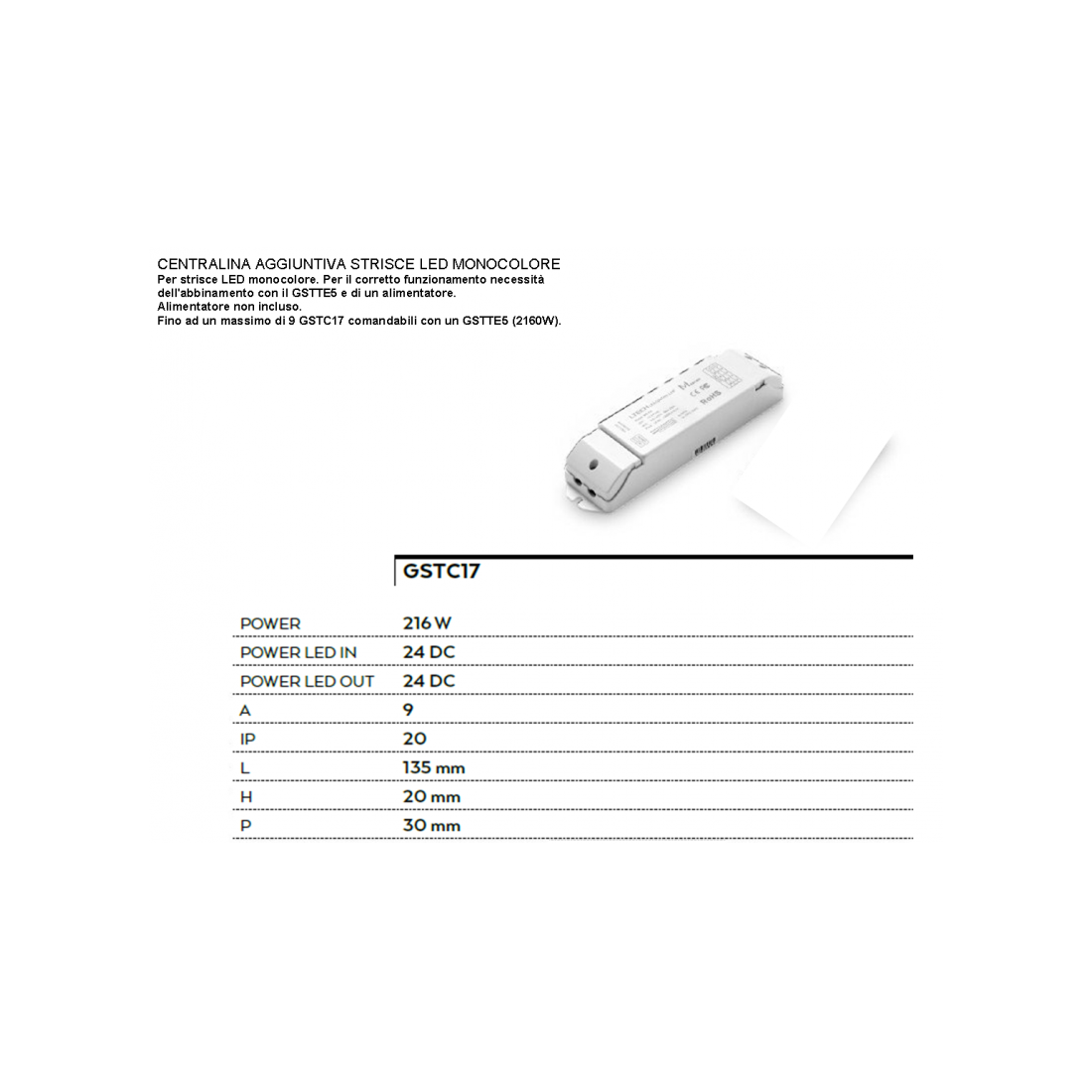 Centralina aggiuntiva 216w monocolore e bianco dinamico dimmer onde radio touch per strisce led