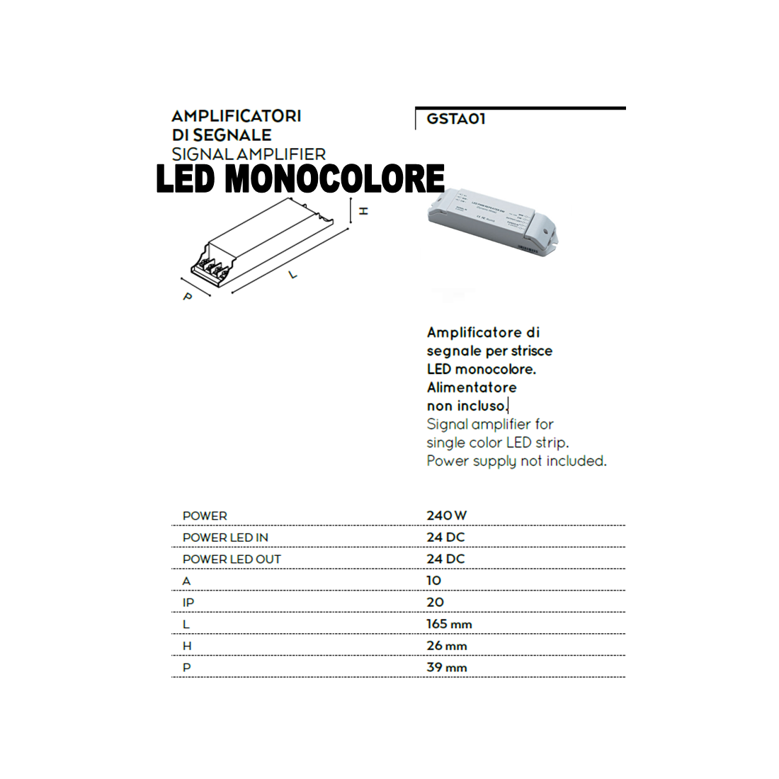 Amplificatore 240w di segnale per strisce led monocolore e bianco dinamico 24v