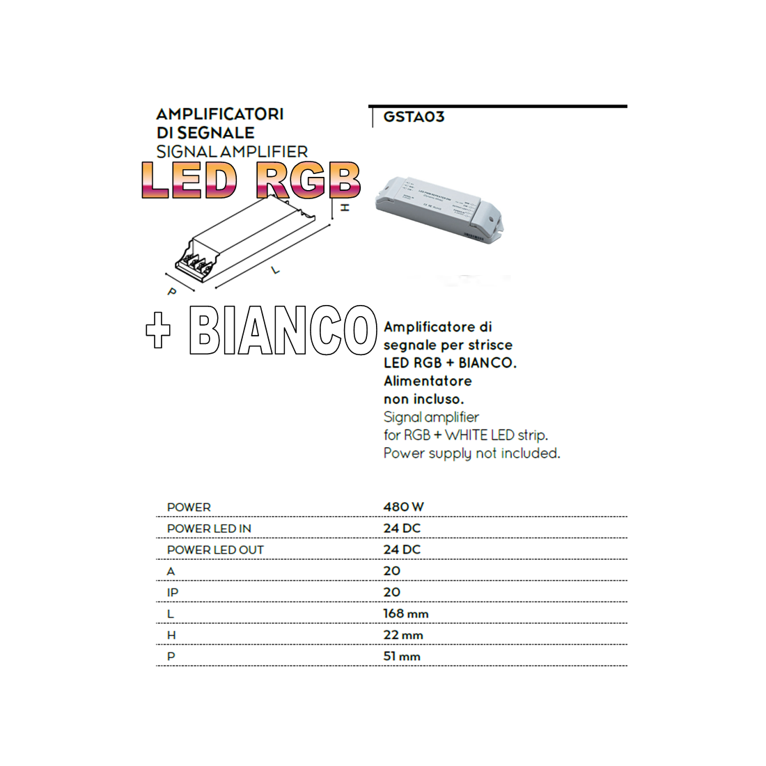 Amplificatore 480w di segnale per strisce led rbg + bianco 24v