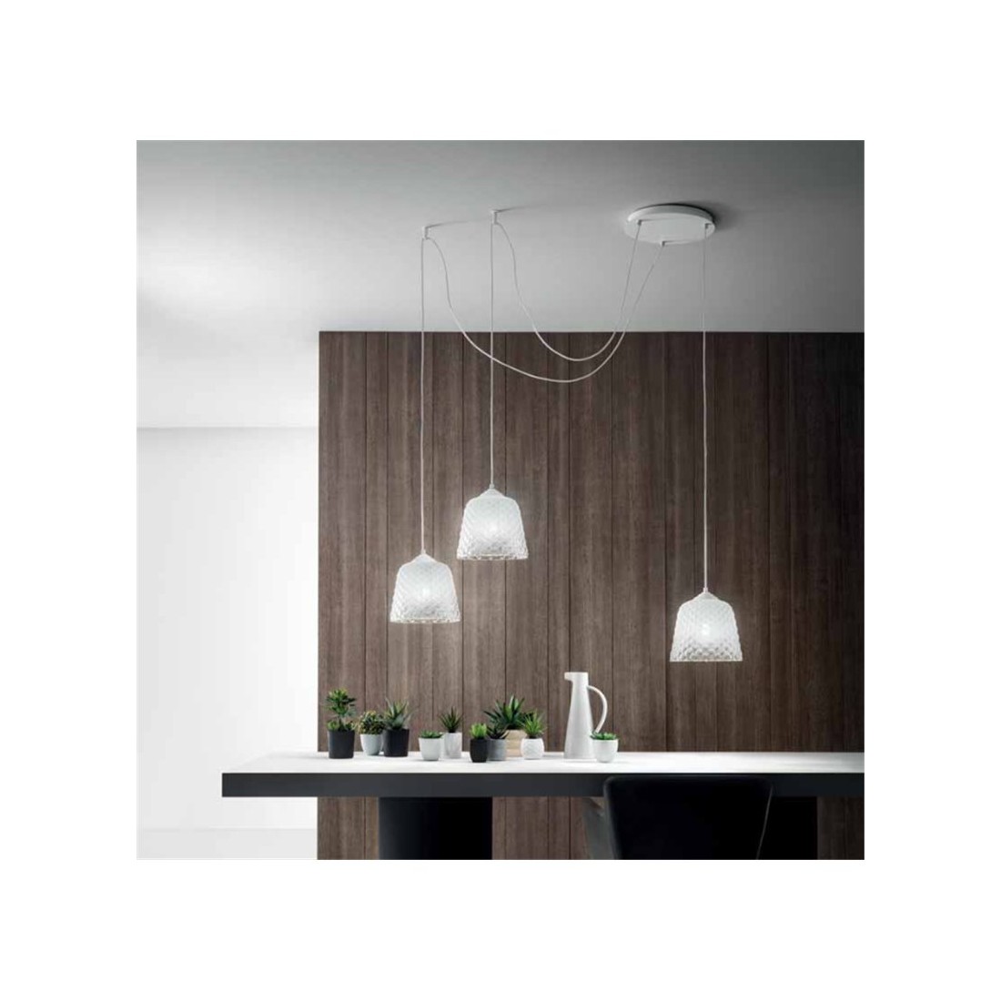 Alice lampadario decentrato pendenti vetro bianco 3 diffusori regolabili