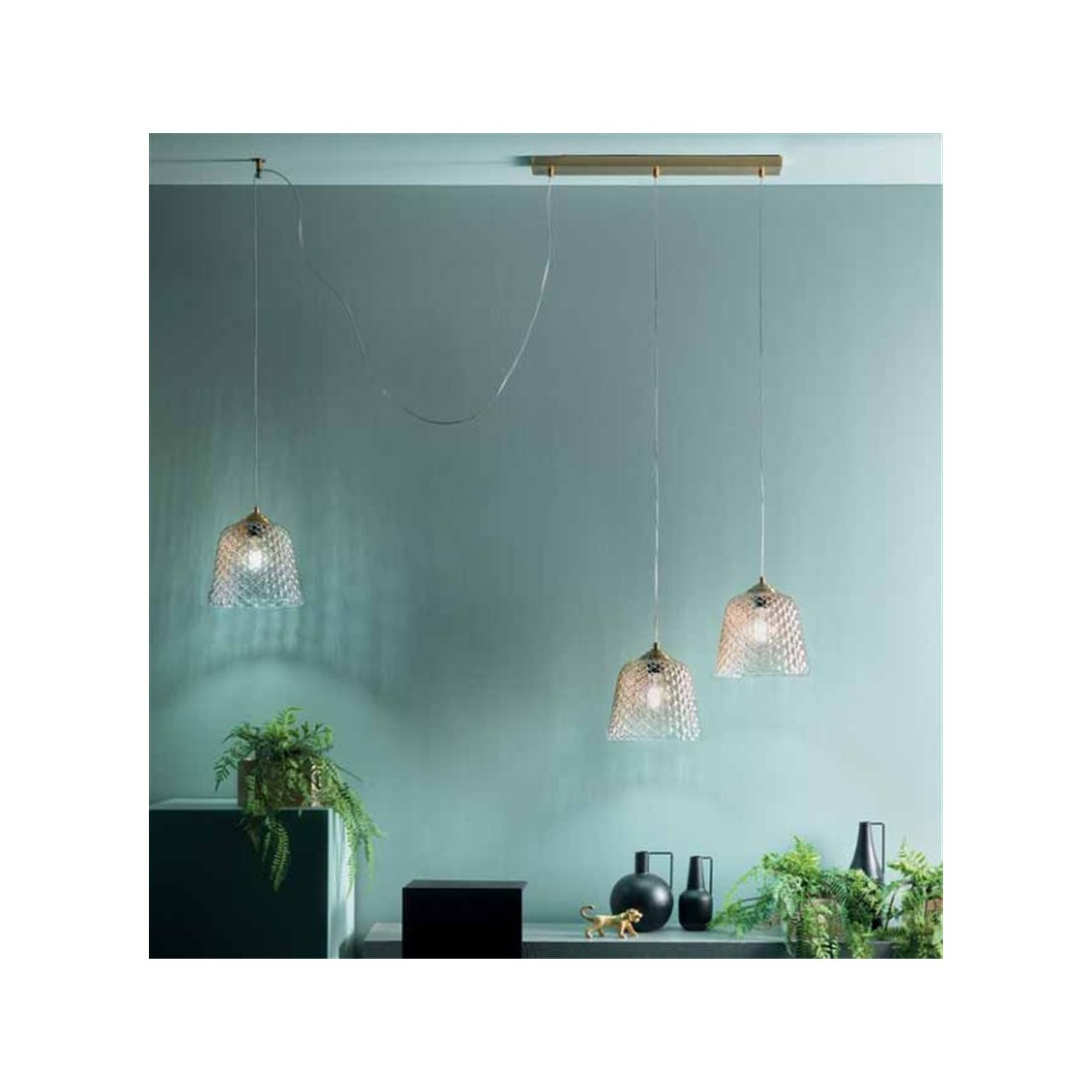 Alice lampada decentrata rosone ottone rettangolare pendenti vetro ambra 3 diffusori regolabili