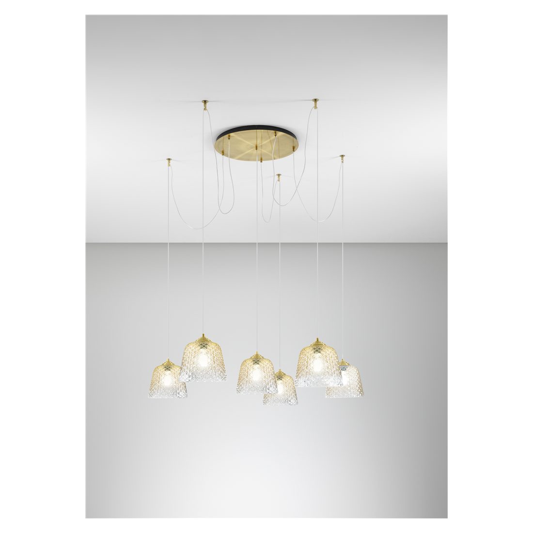 Alice lampadario decentrato ottone vetri ambra 6 diffusori regolabili