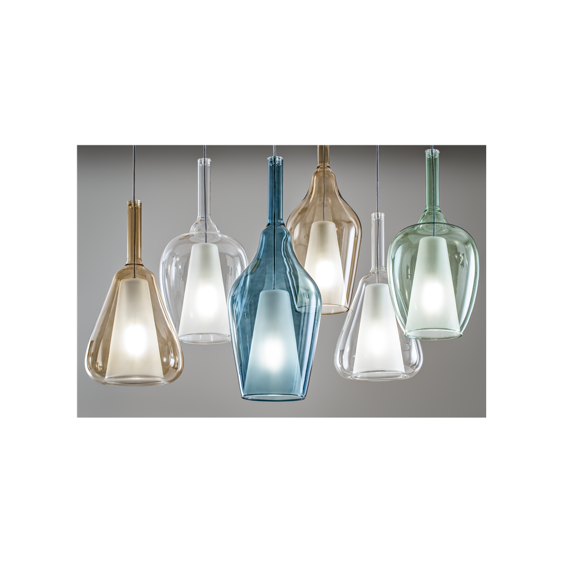 Ofelia s11 lampadario cucina pendente vetro trasparente blu verde ambra cromo oro rame