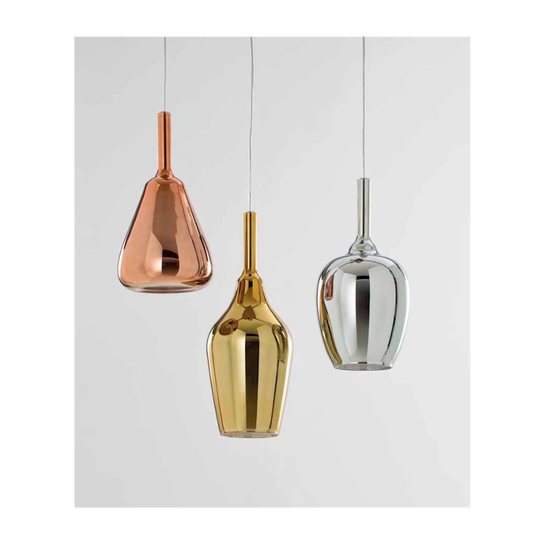 Ofelia s12 lampadario cucina pendente vetro trasparente blu verde ambra cromo oro rame