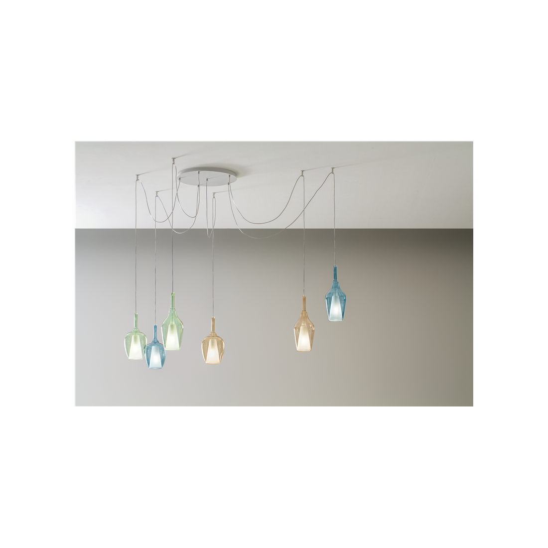 Ofelia lampadario bianco decentrato vetro blu ambra verde trasparente 6 diffusori