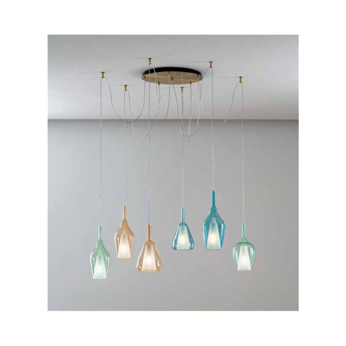 Ofelia sospensione decentrata ottone vetro blu ambra verde trasparente 6 diffusori