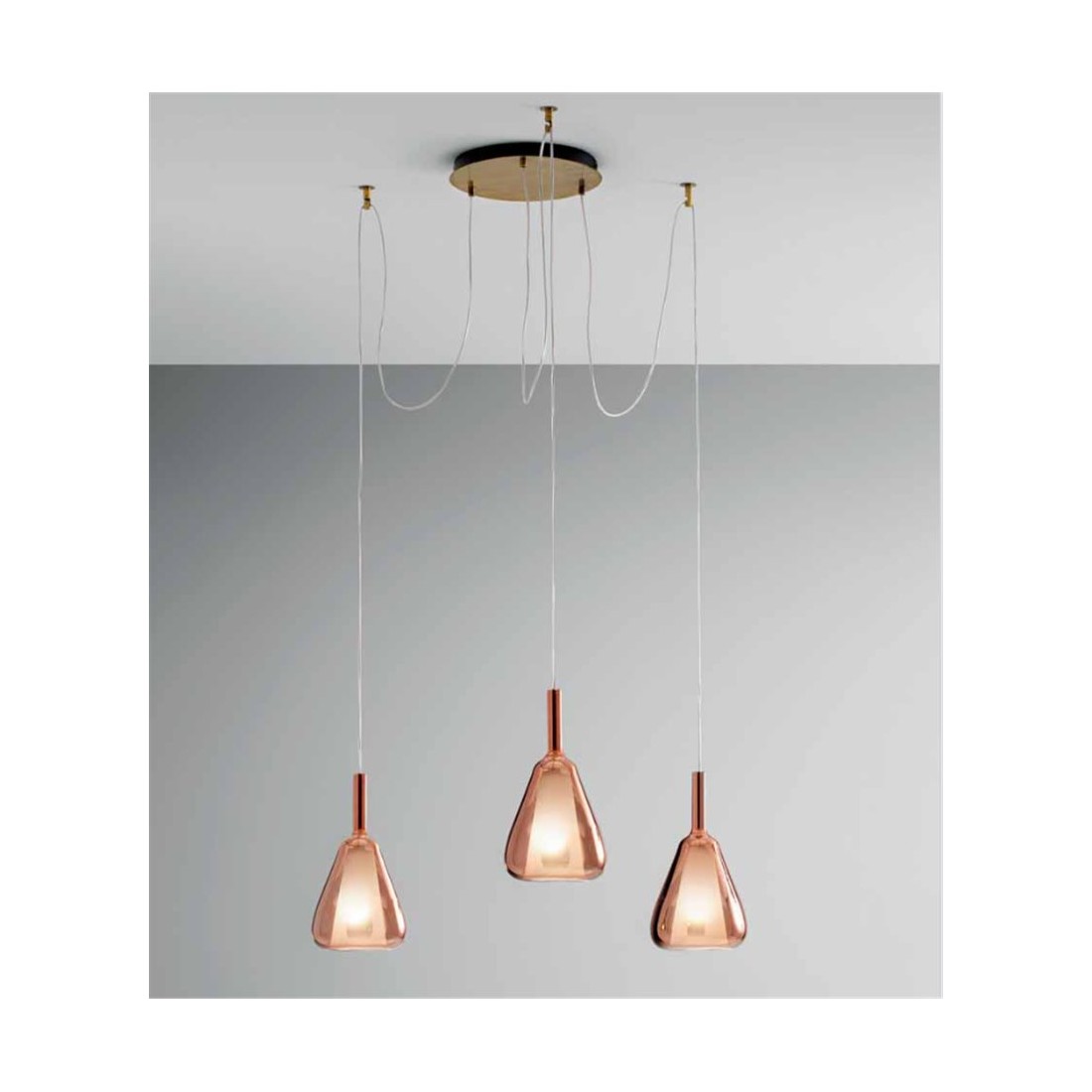 Ofelia lampadario decentrato ottone con 3 diffusori pendel rame specchiato